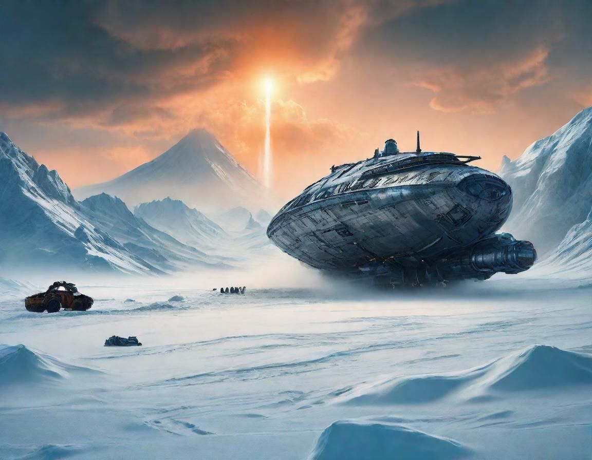 Crashed Spaceship on Snowy Alien Planet as Oil Painting