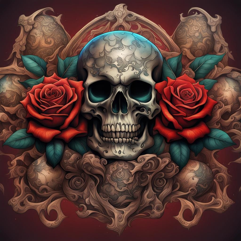 Three Skulls and Roses Tattoo Design in Detailed Painting