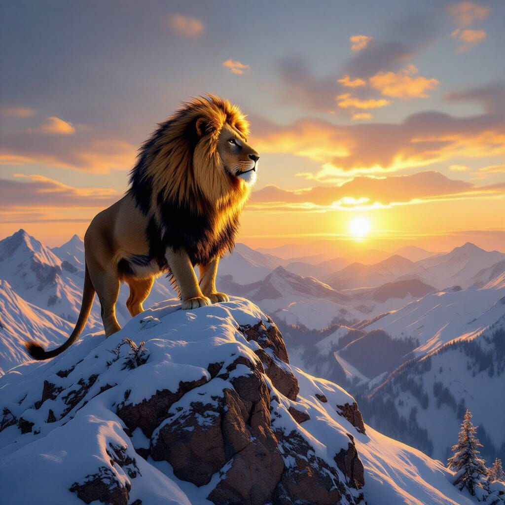 Majestic Lion on Snowy Peak at Sunrise