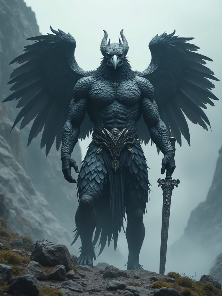 Majestic Crow God Stands Amidst Dark Rocky Landscape
