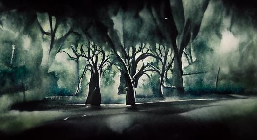 Whispering Trees: A Film Noir Watercolor Painting