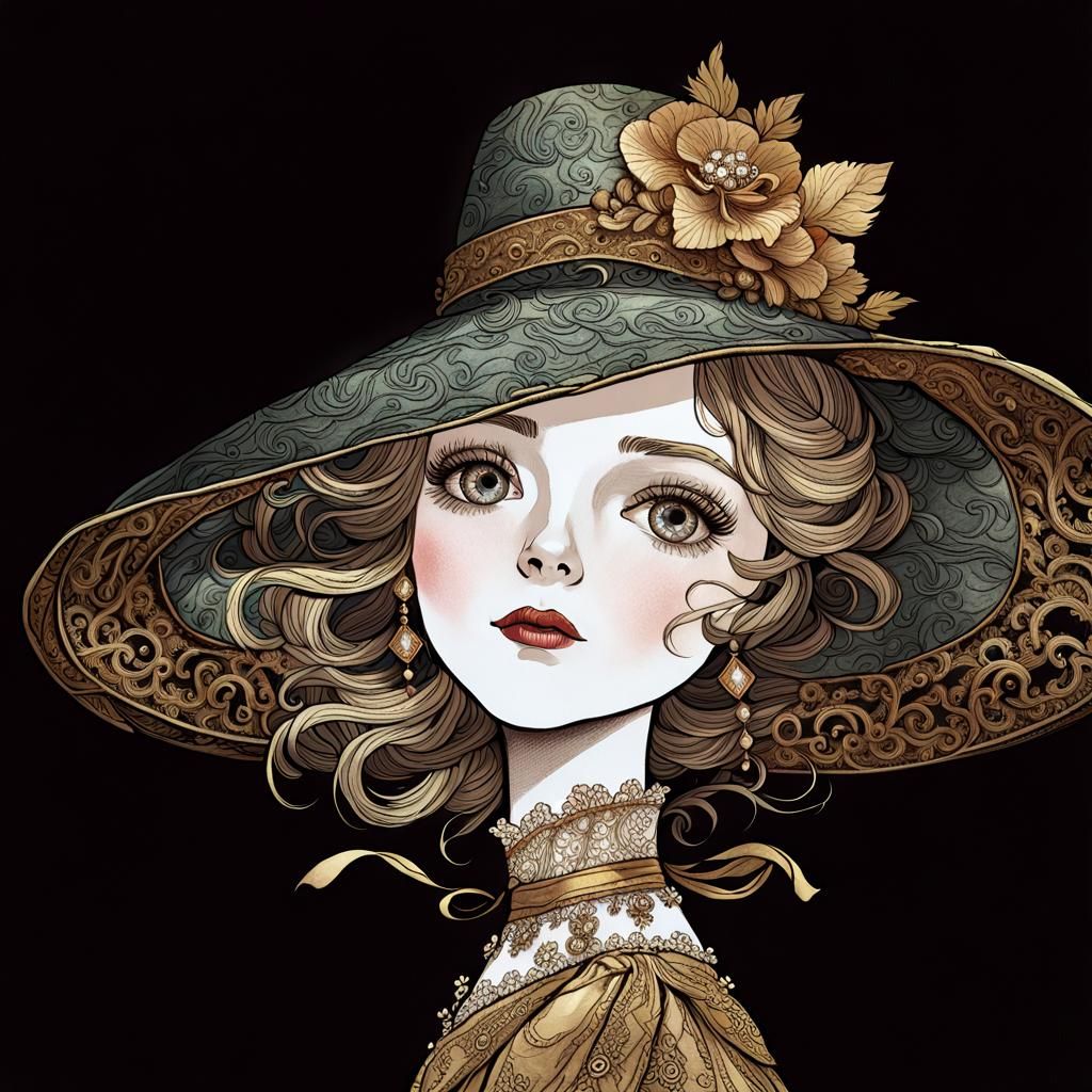 Ornate Hat Portrait in Arthur Rackham Style