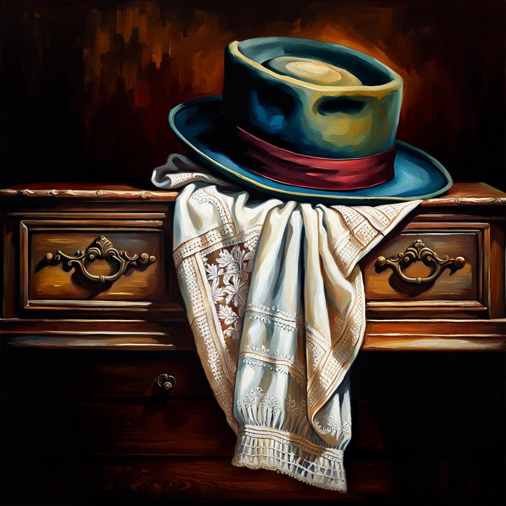 Still Life Oil Painting of Hat on Dresser
