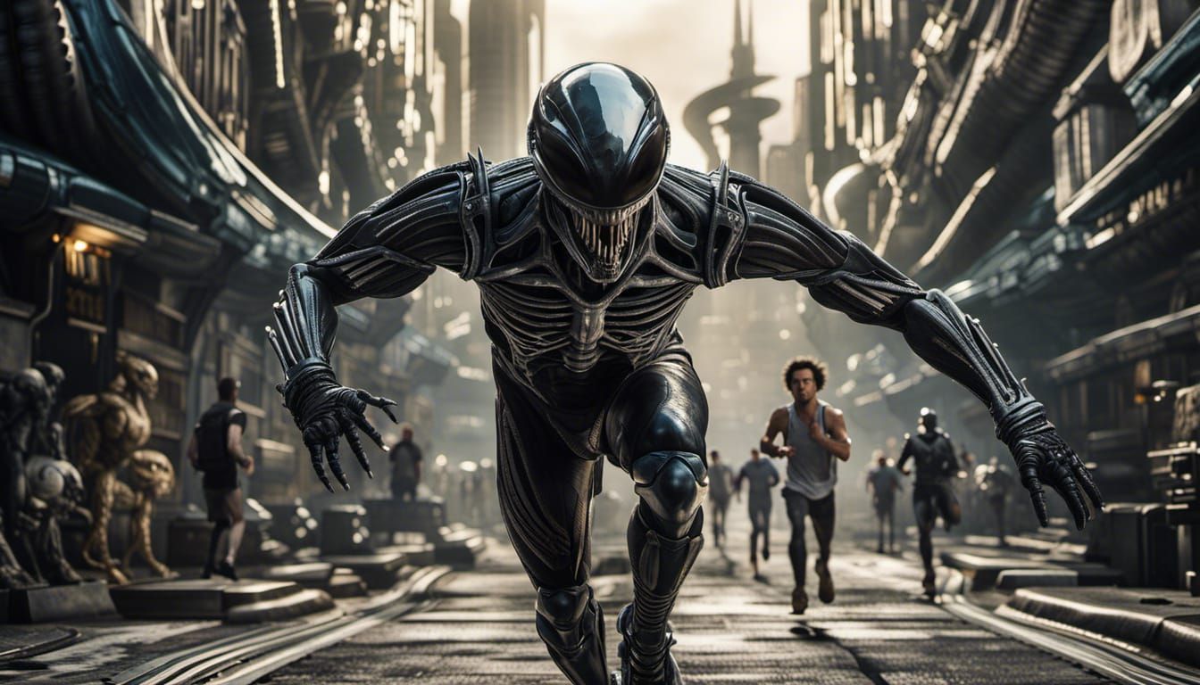 Man Runs Xenomorph Marathon in Biomechanical Alien City