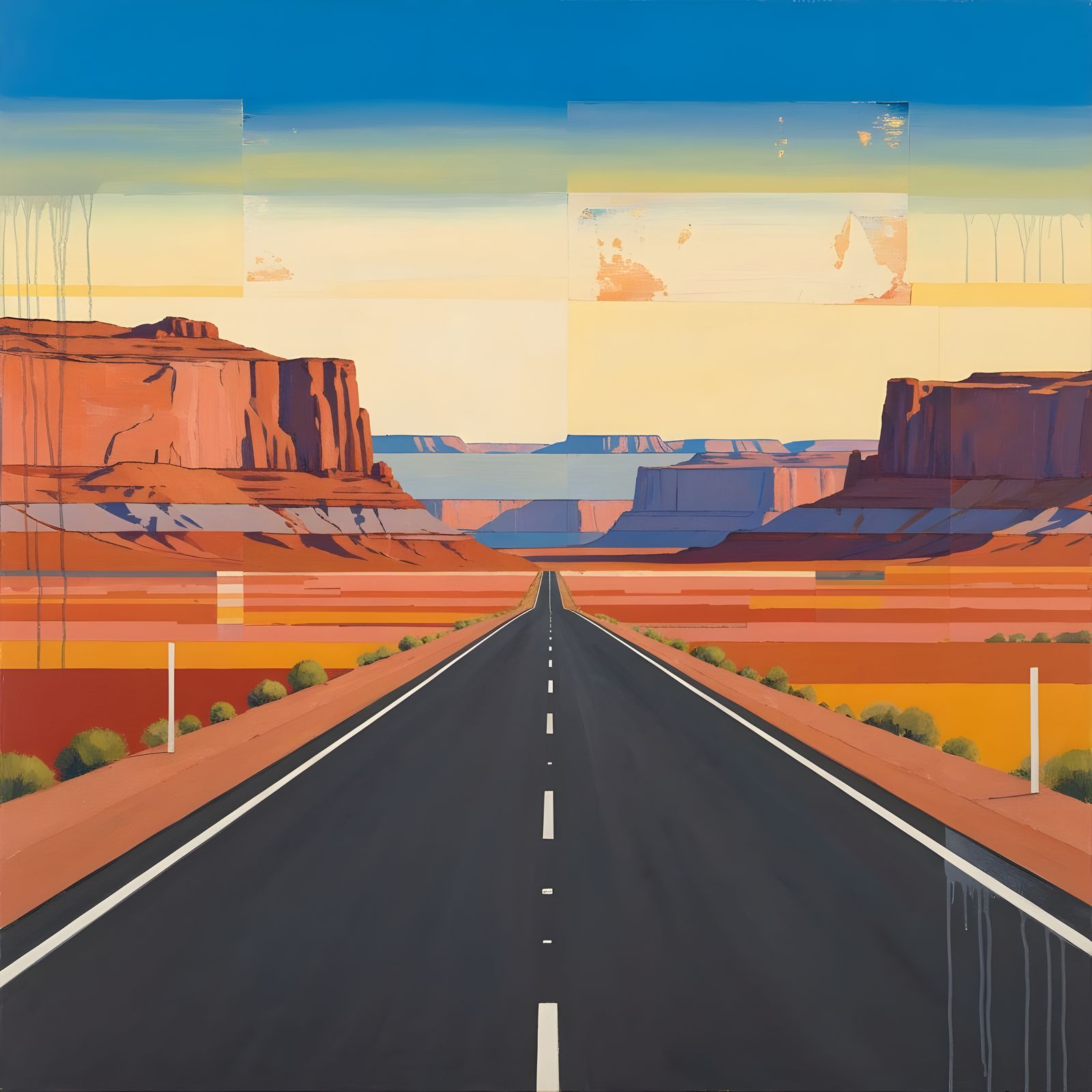 Desert Highway Landscape Painting with Geometric Zones