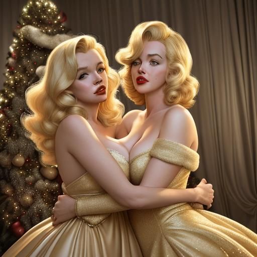 Glamorous Blond and Redhead Embrace Near Christmas Tree