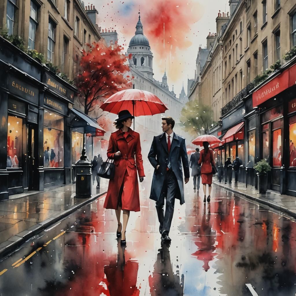 Stylish Couple in London, Watercolor Splash Art