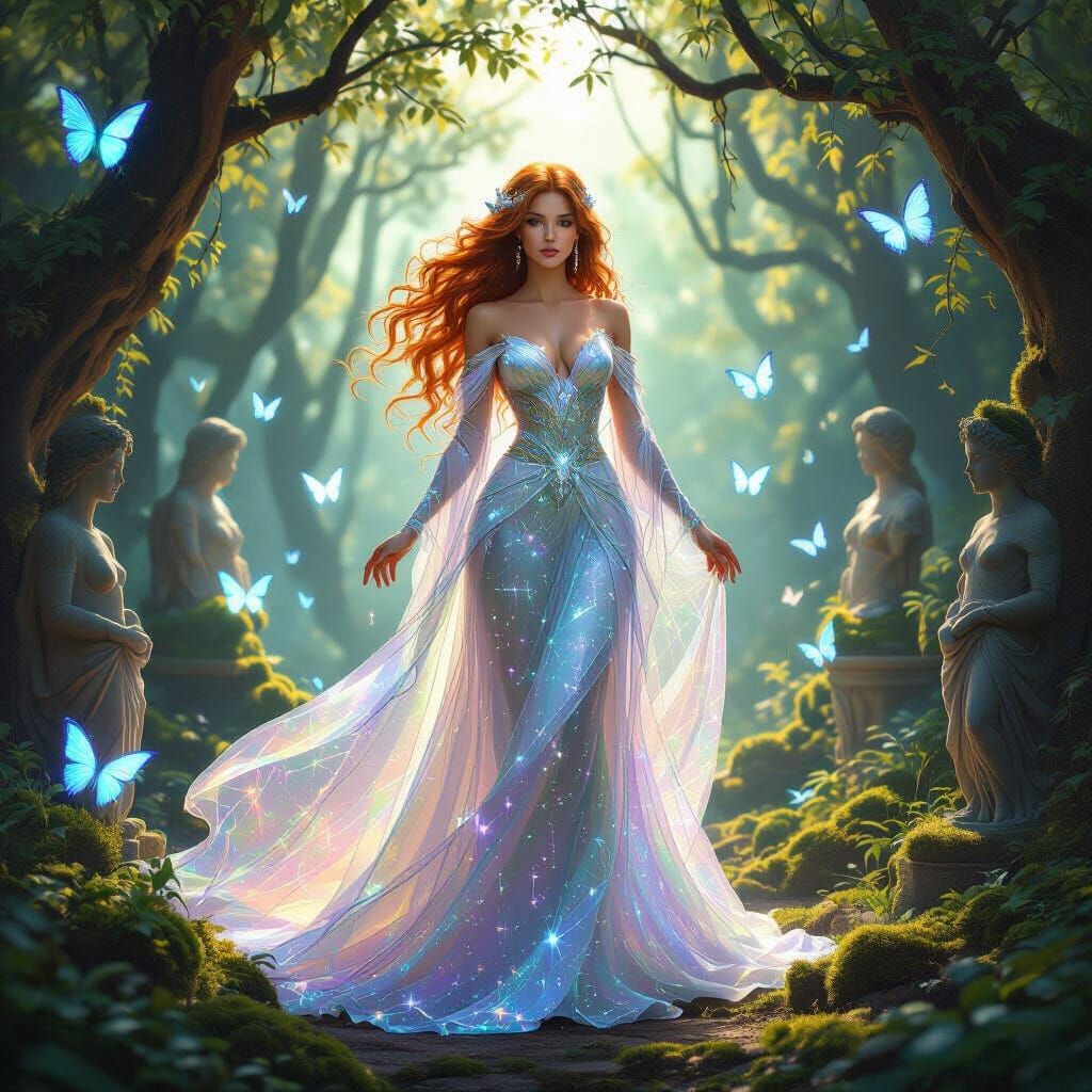 AI Goddess in Bioluminescent Grove, Hyper-Fantasy Style