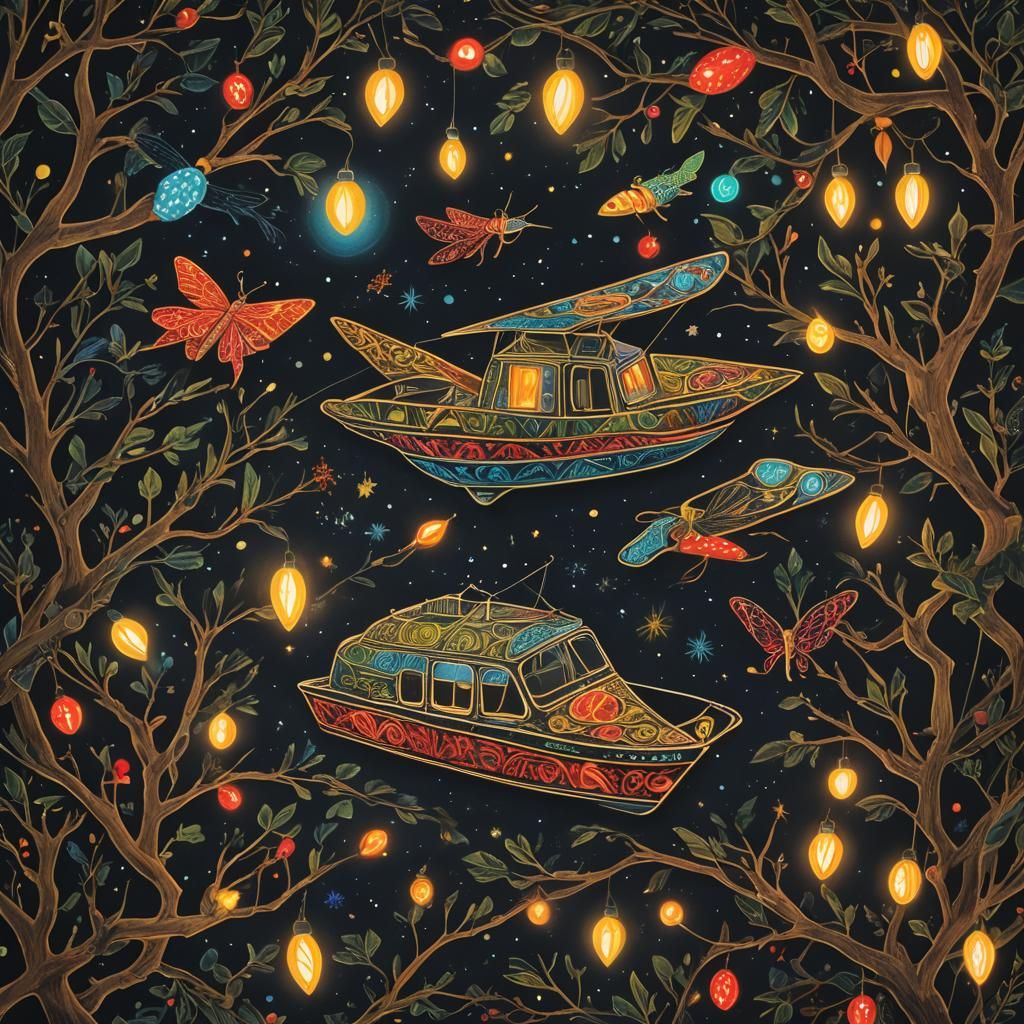 Psychedelic Fireflies in Steampunk Labyrinth with Geometric ...