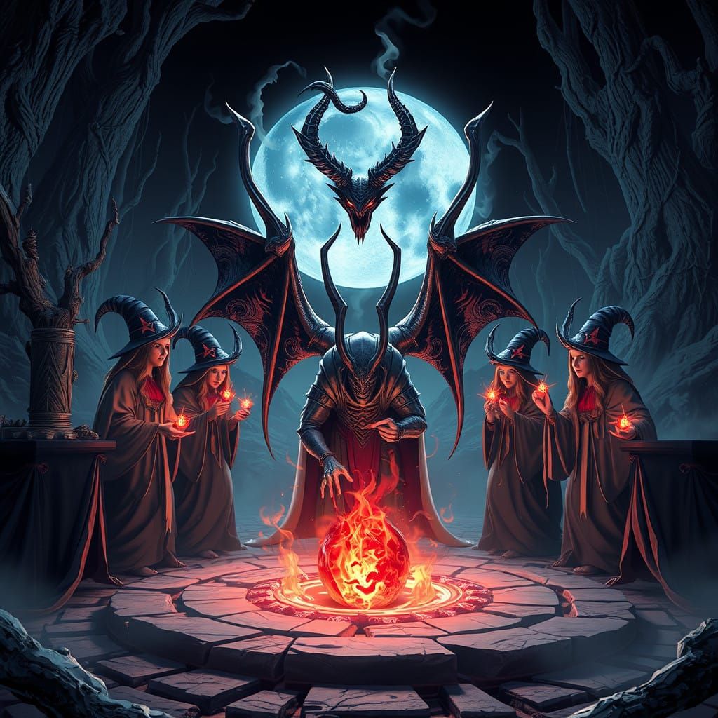 Witches Summon Demon in Cyberpunk Concept Art