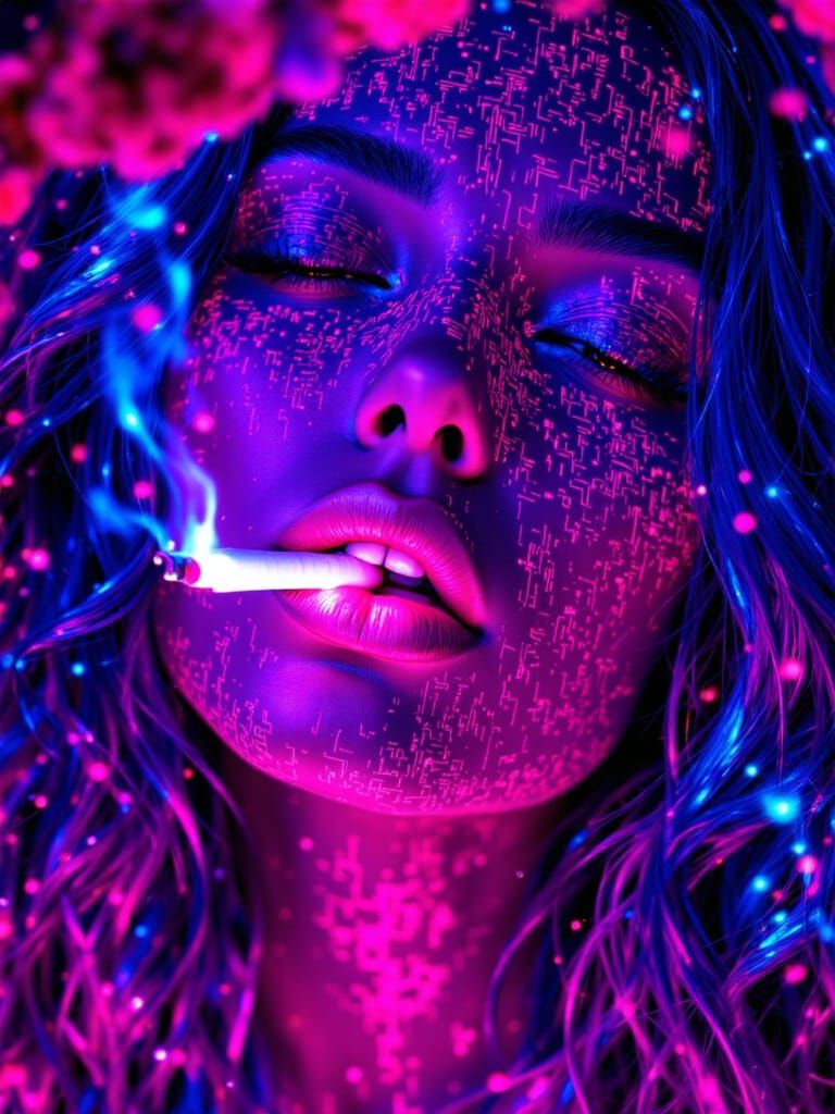 Neon Woman Lighting Cigarette in Psychedelic Sci-Fi Landscap...