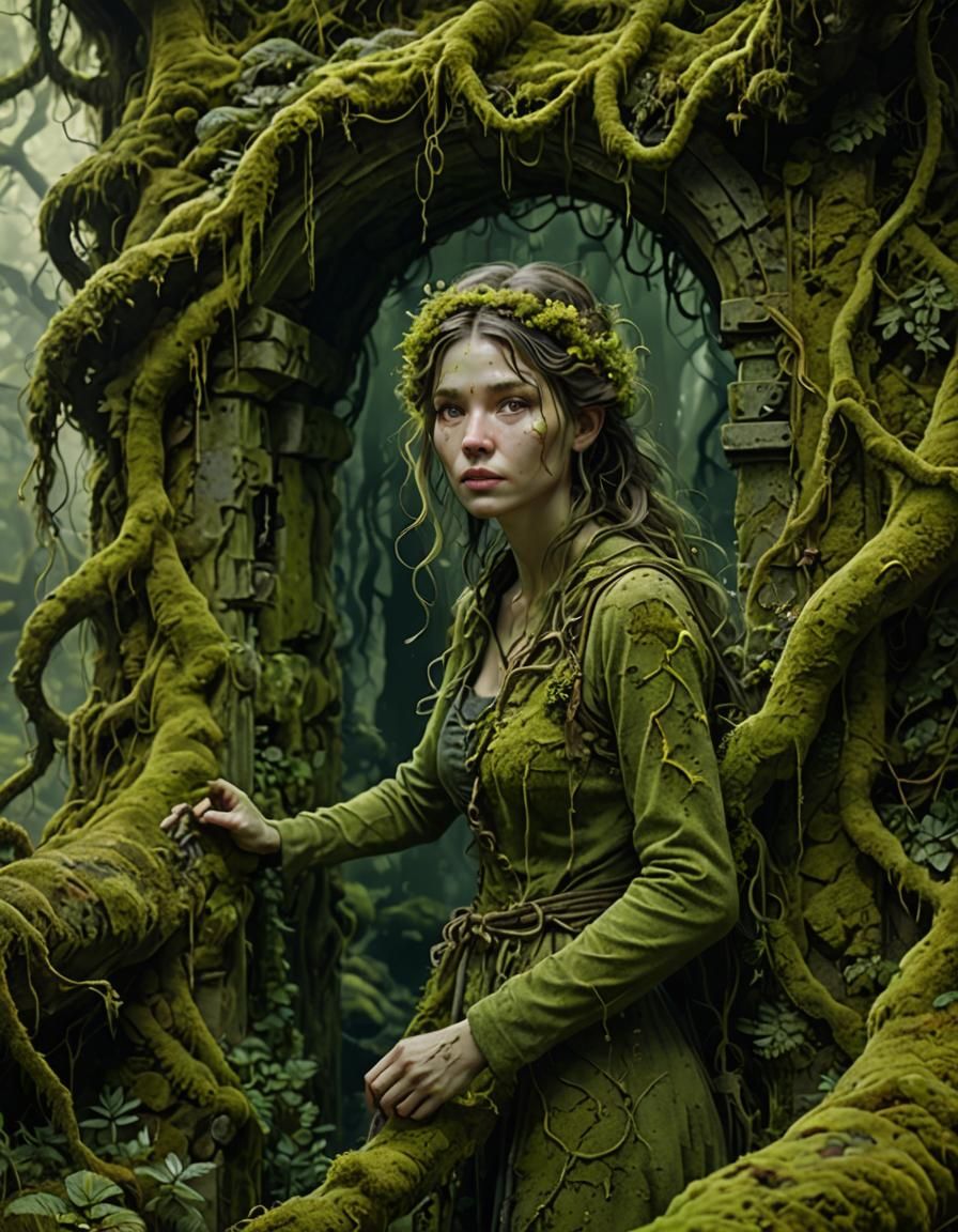 Moss Covered Woman Emerges from Secret Forest Doorway