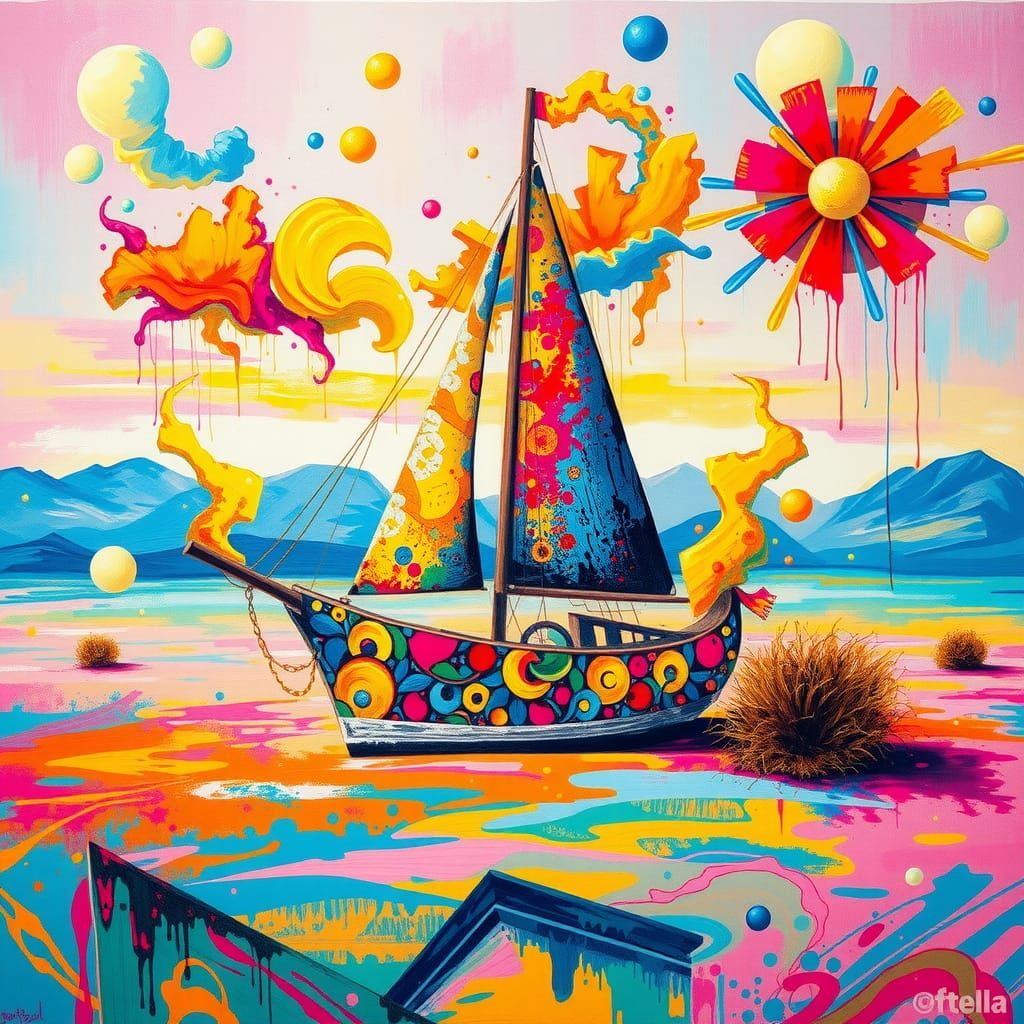 Sailboat Defies Desert in Polychromatic Splash Art