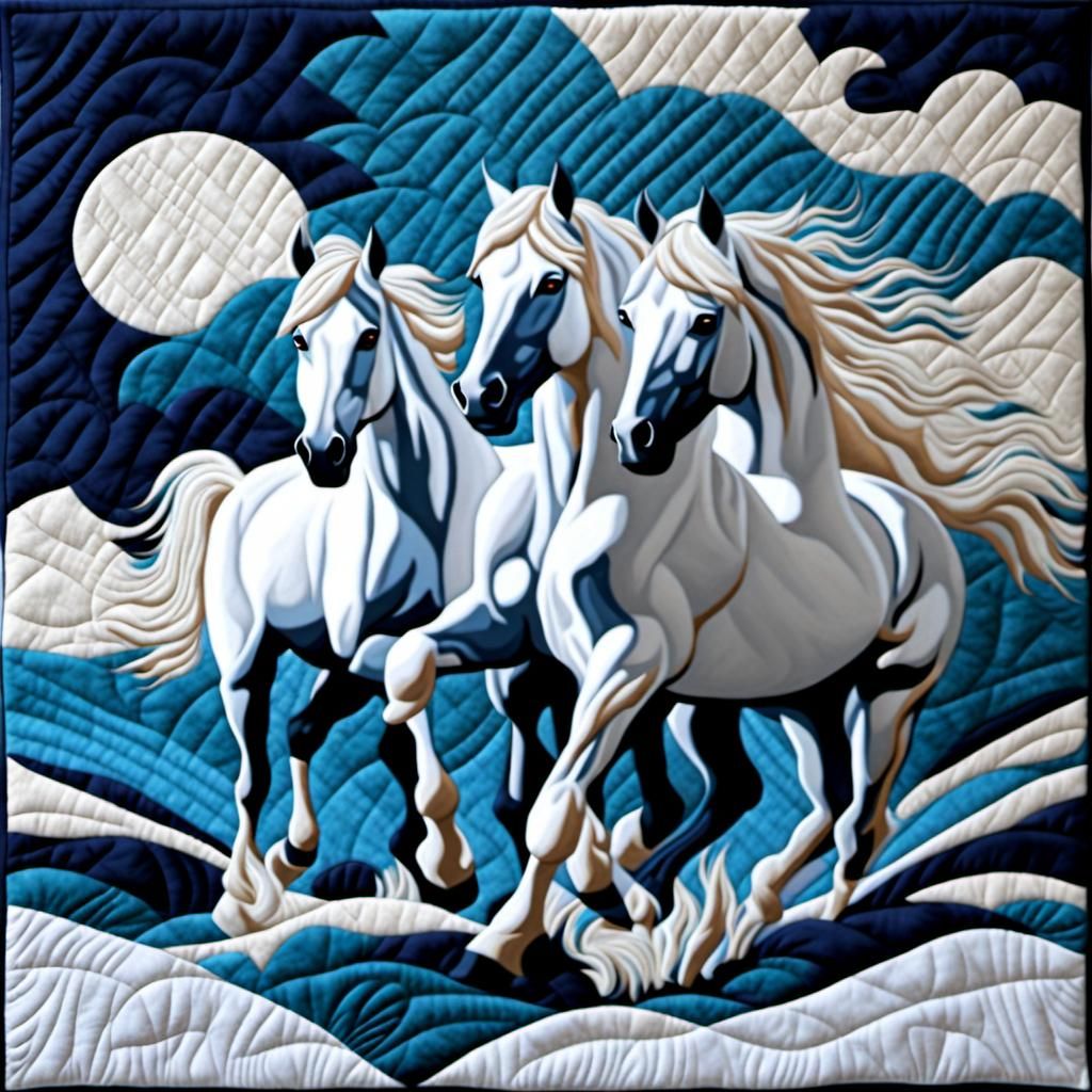 Quilted White Horses Folk Art Scene