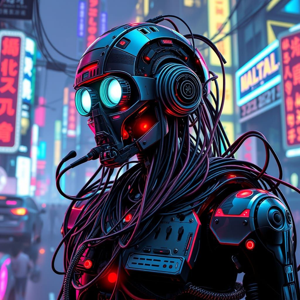 Robot in Neo Tokyo with Synthwave Neon Lights