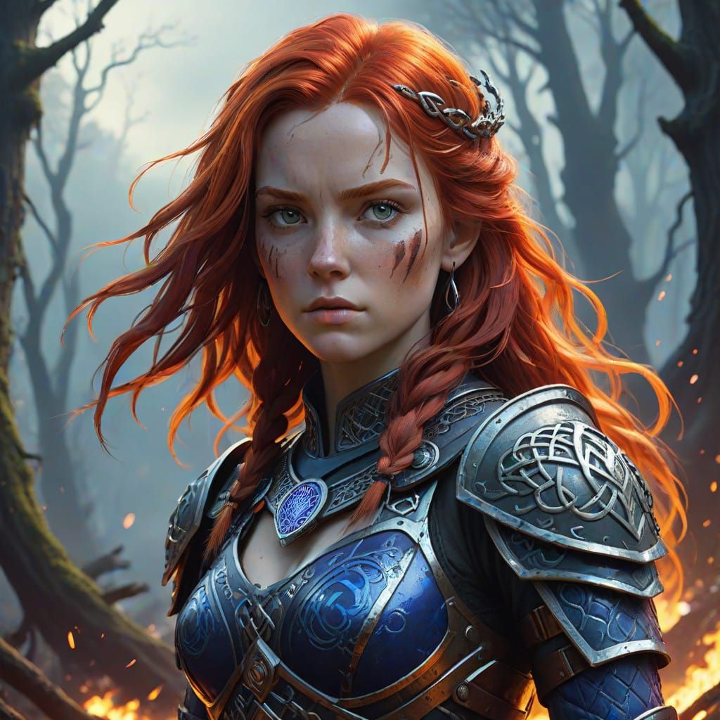 Fiery Red-Haired Warrior in Mystic Realm