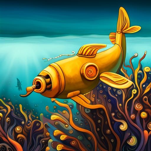 Cartoon Yellow Submarine Underwater Scene