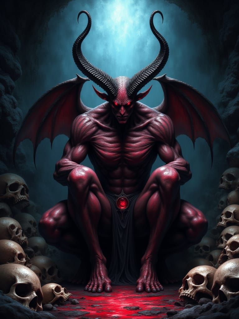 Demonic Queen with Horns and Honeycomb Eyes on Throne