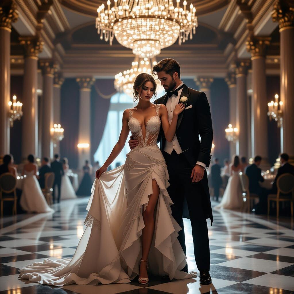 Torn Dress in Ballroom: Photorealistic Digital Art