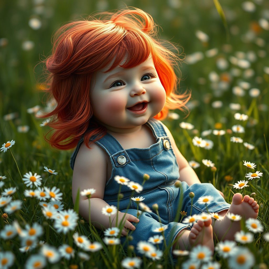 Baby with Red Wig in Daisy Meadow