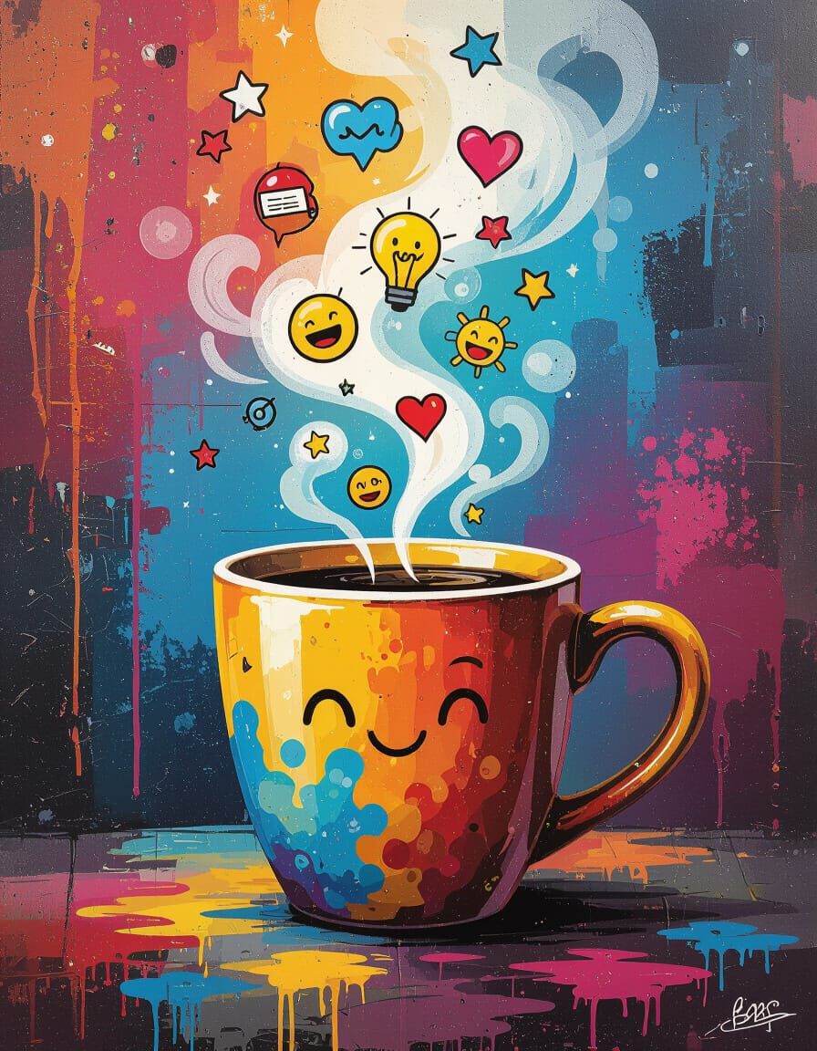 Steaming Coffee Mug with Positive Icons in Graffiti Style