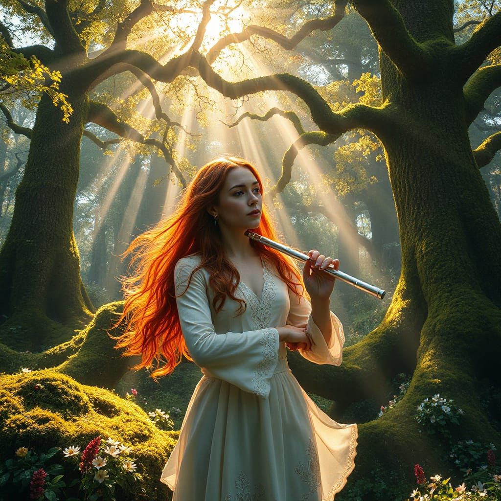 Woman Playing Flute in Sun-Dappled Fantasy Forest