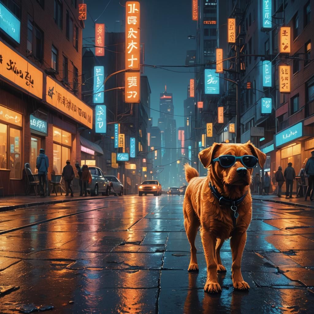 Dog in Sunglasses on City Street: Digital Matte Painting
