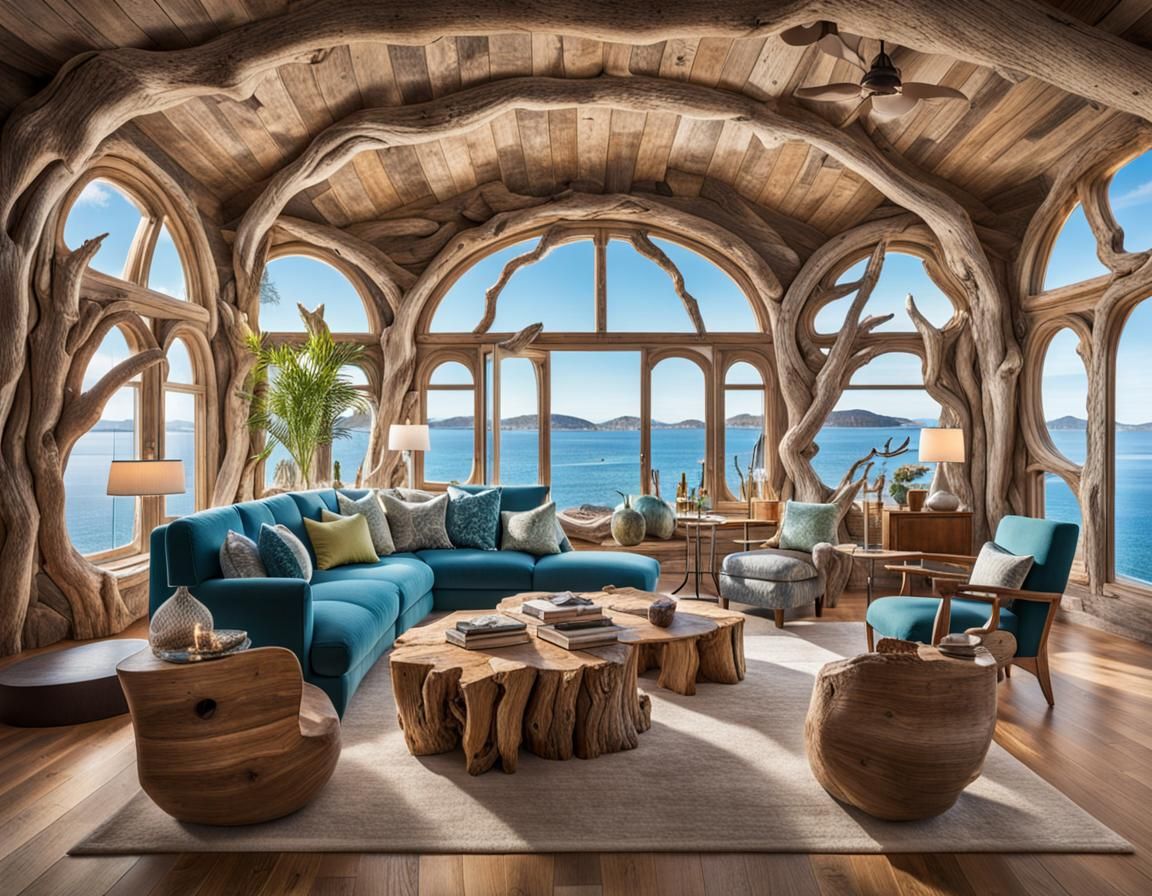 Elegant Driftwood Lounge with Island View
