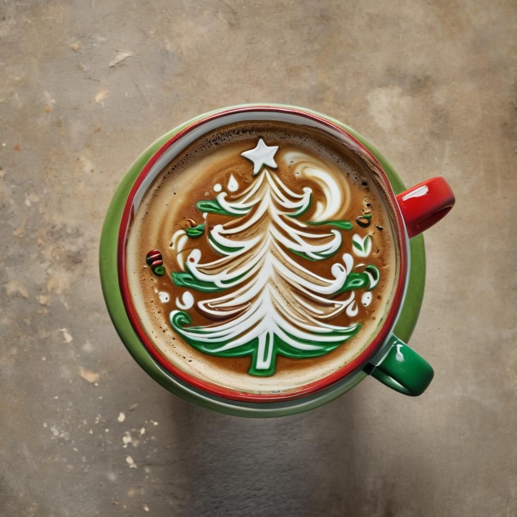 Christmas Tree Latte Art in a Red Mug with Dynamic Lighting