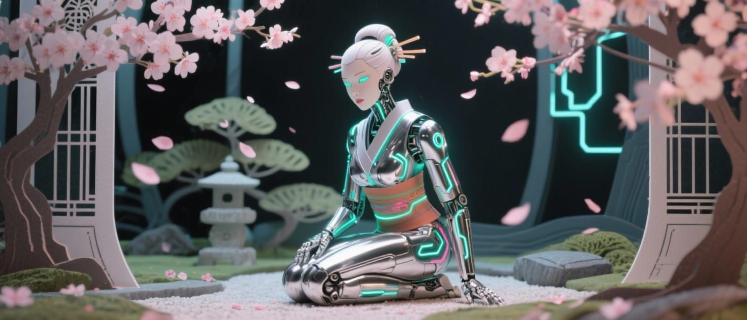 Cybernetic Geisha in Zen Garden Papercut Diorama