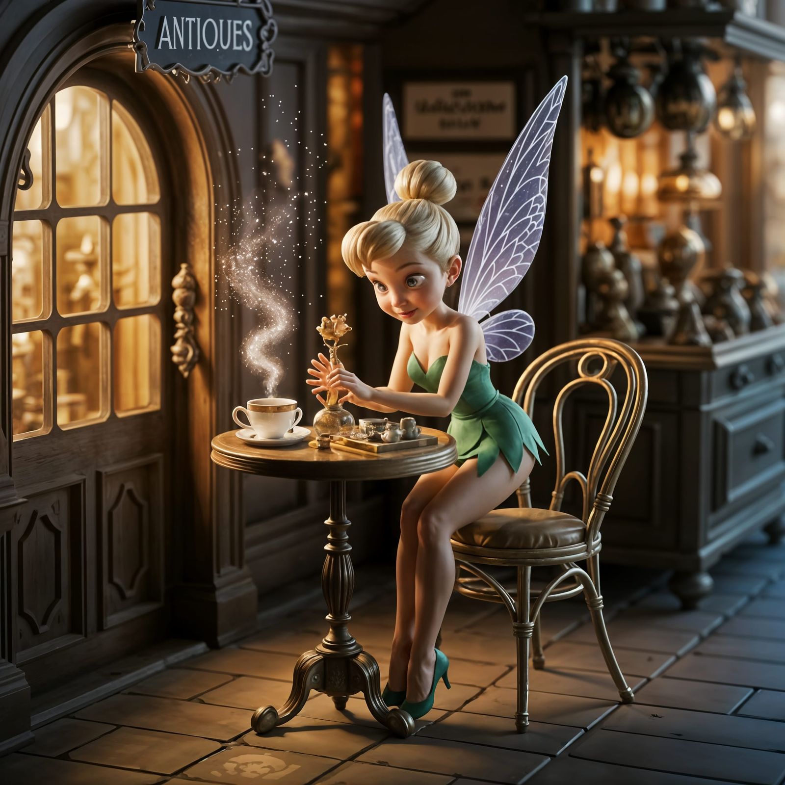 Whimsical Fairy Tinker Bell in Antique Shop Wonderland