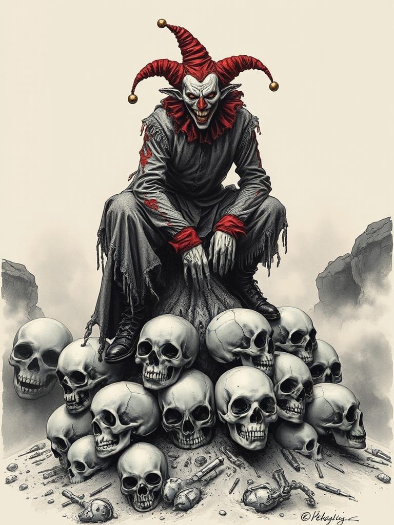 Macabre Jester Reigns Over Wasteland of Skulls