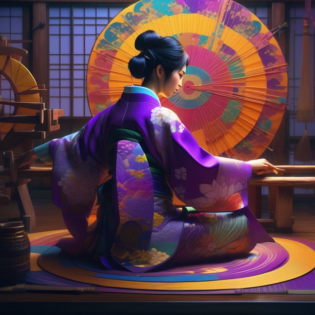 Japanese Weaver in Kimono with Psychedelic Colors