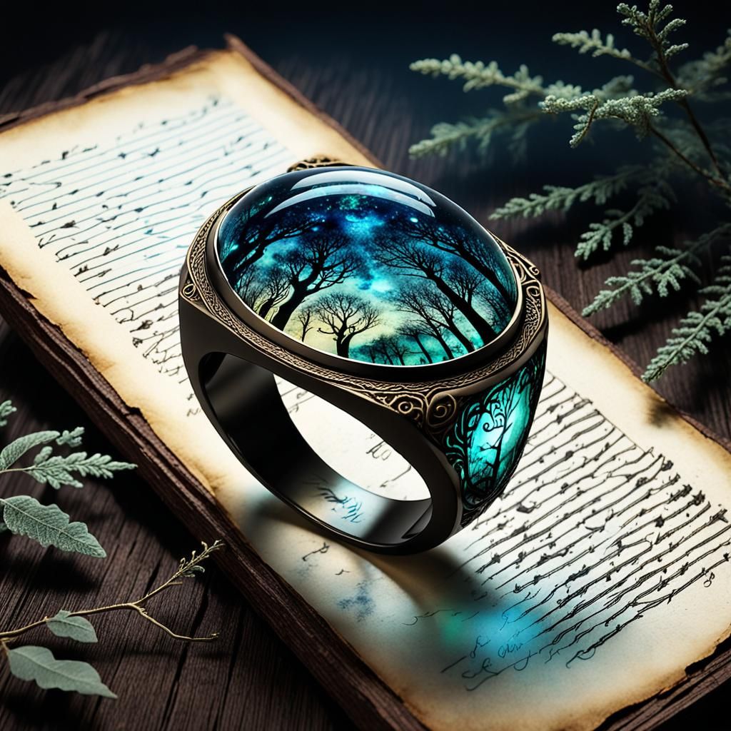 Luminescent Elven Ring on Parchment in Forest