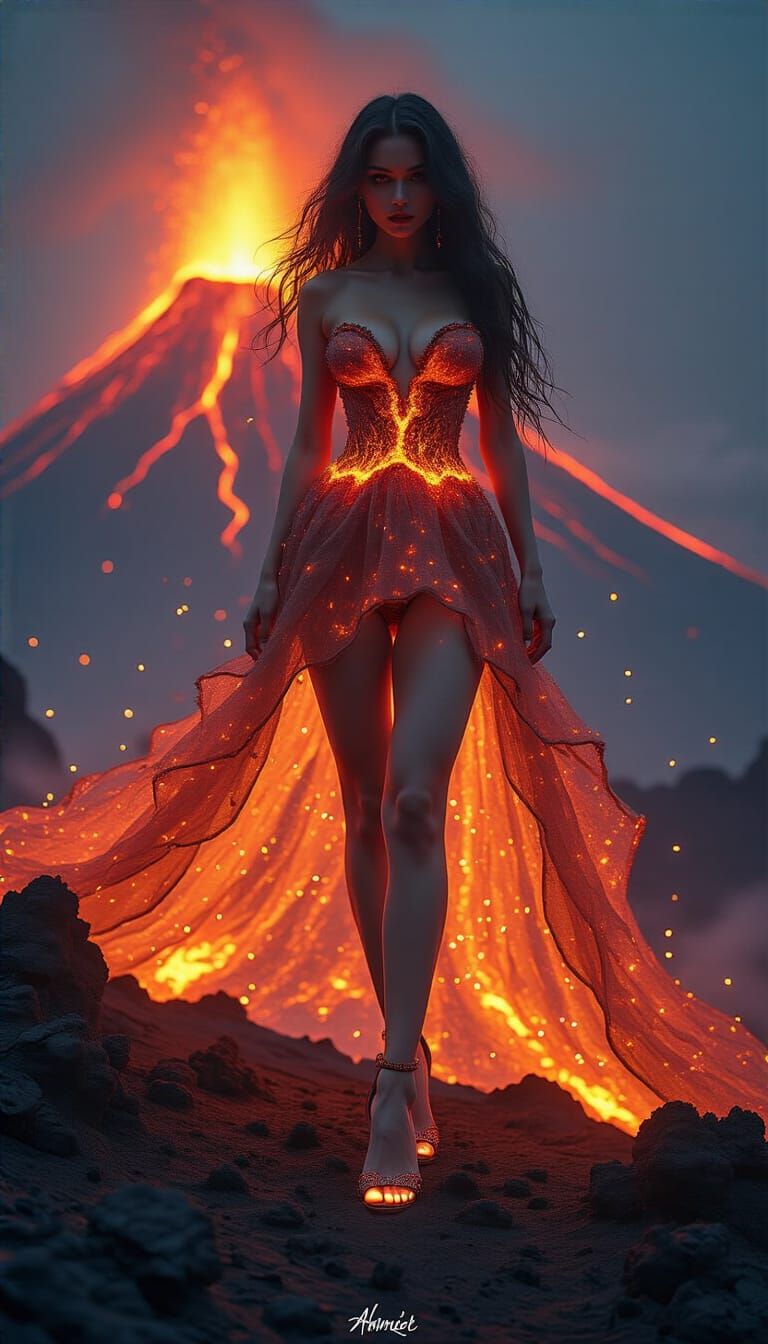 Volcanic Goddess in Magma Dress on Windswept Peak