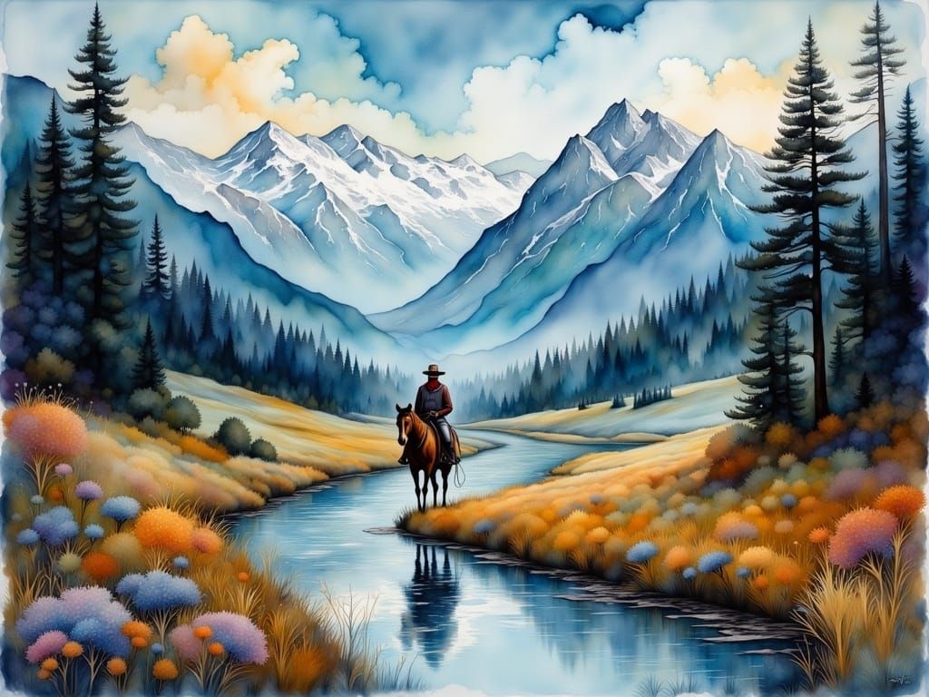 Surreal Landscape with Cowboy Riding into Majestic Valley