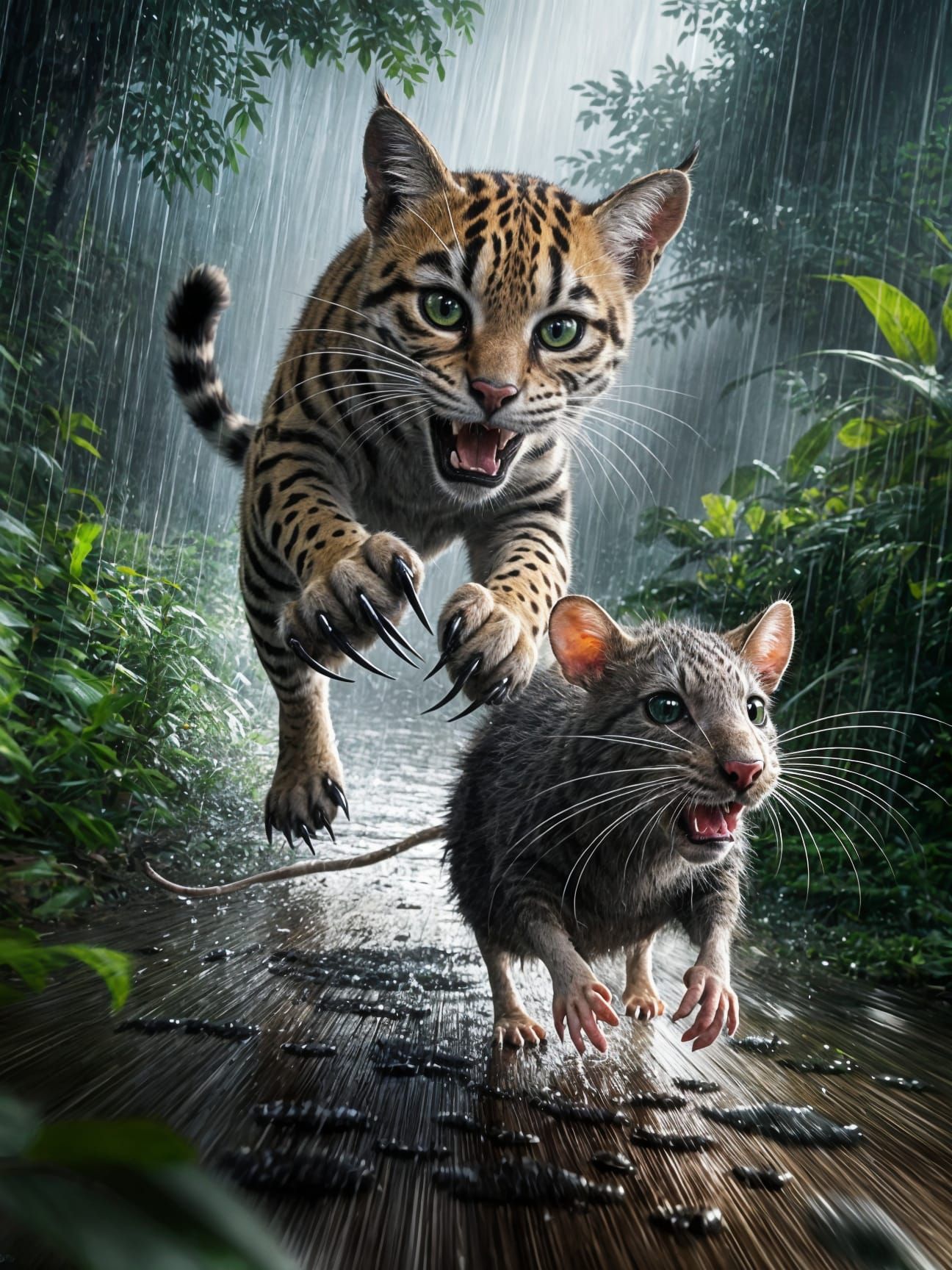 Fierce Ocelot Chases Terrified Rat in Rainy Forest