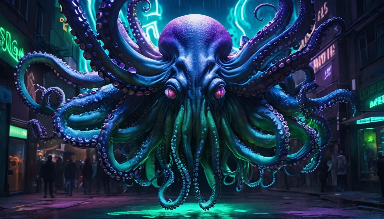 Ethereal Octopus Under Glowing Billboard