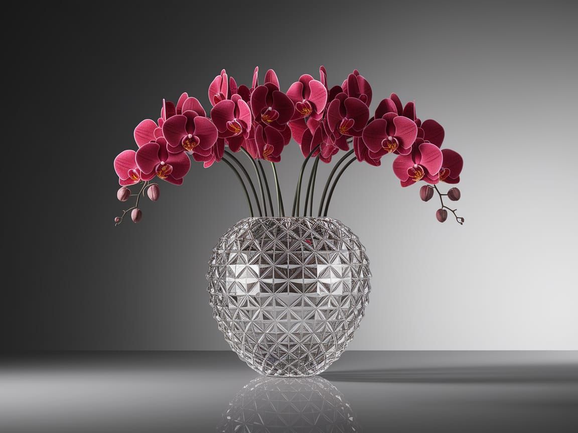 Photorealistic Red Orchids in Crystal Vase