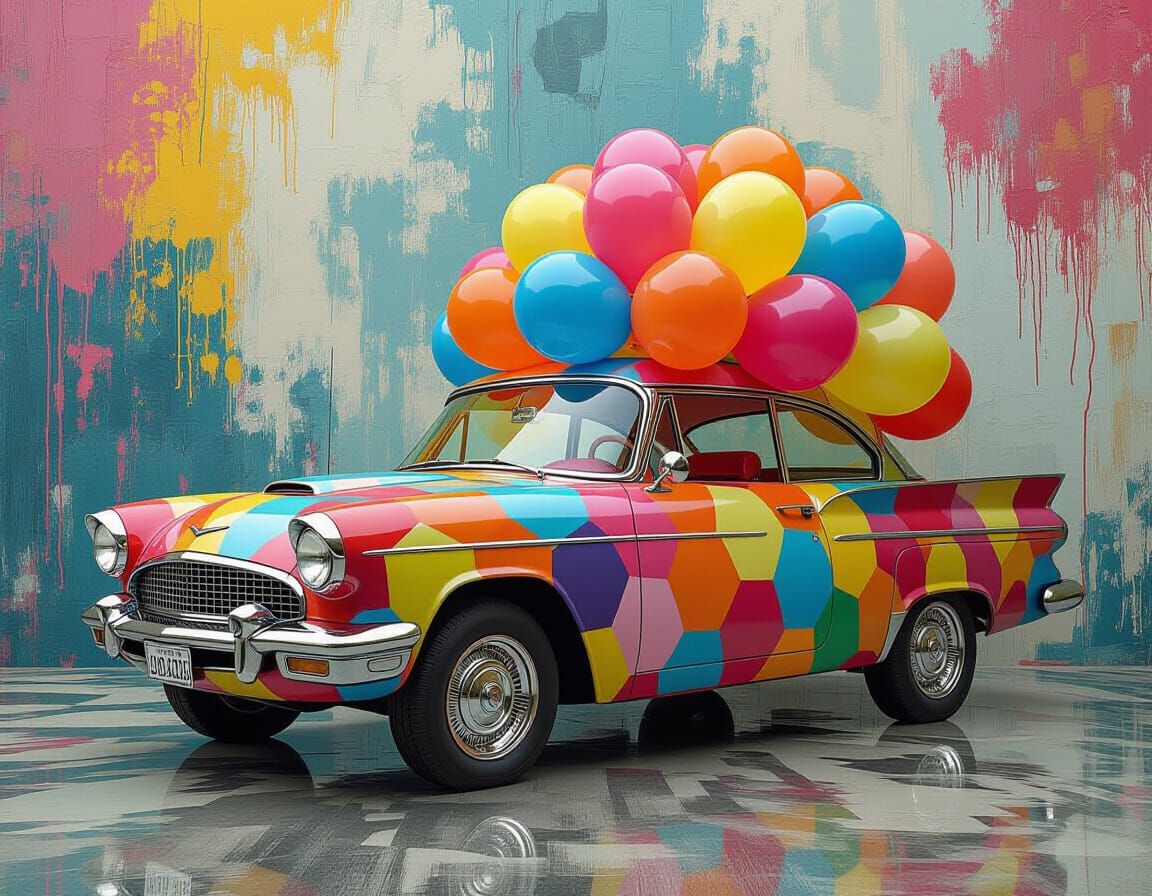 Balloon Car in Hyperrealistic Abstract Setting