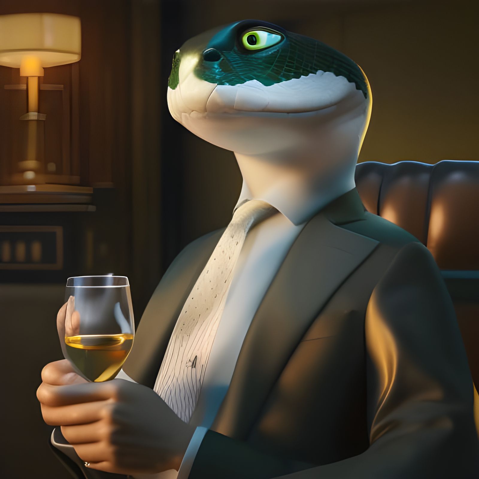 Snake in Tuxedo Drinking Scotch, 3D Render