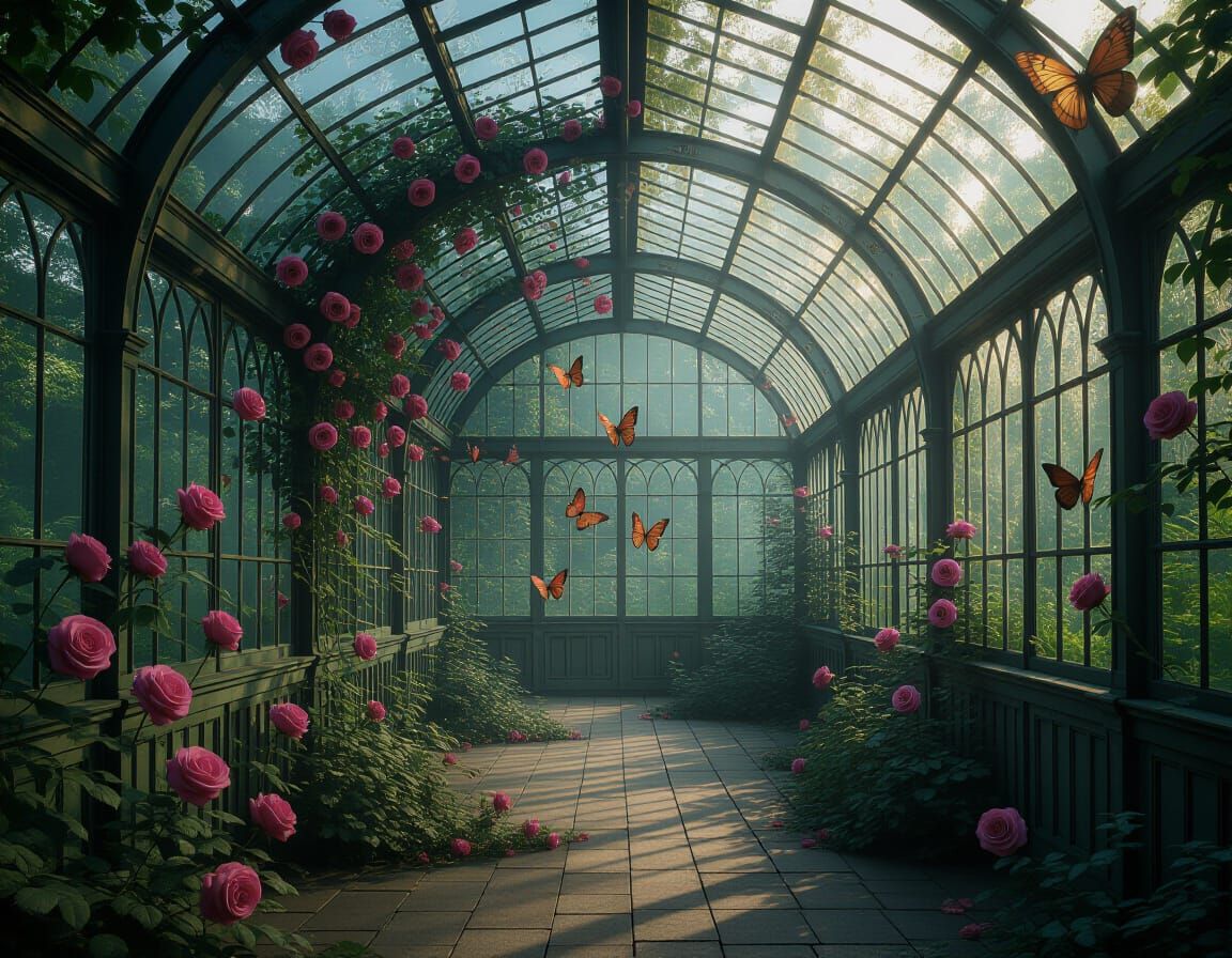 Forgotten Greenhouse: Roses, Moonlight, and Rusted Butterfli...