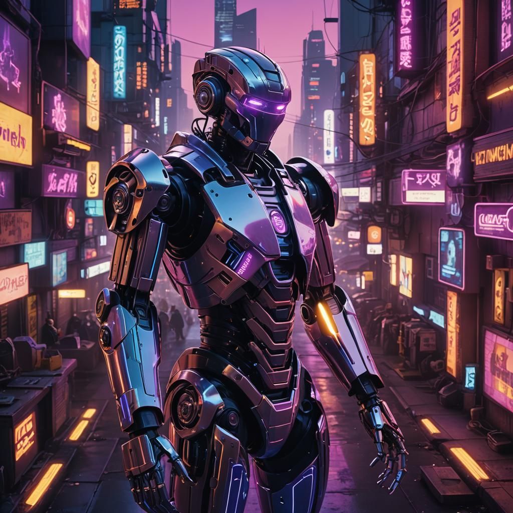 Neon Cityscape: Robot in Cyberpunk Futurism
