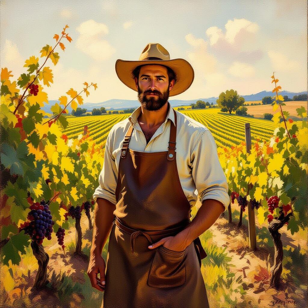 Winemaker in Vineyard: Impressionistic Golden Light