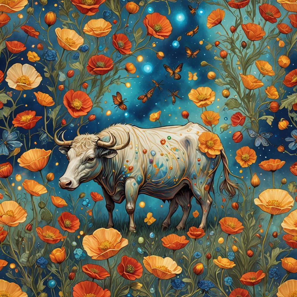 Hyperrealistic Poppies, Cow, and Christmas Lights in Nature