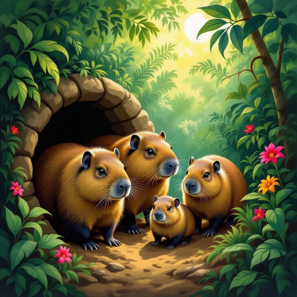 Capybara Family Emerges into Jungle Sunlight