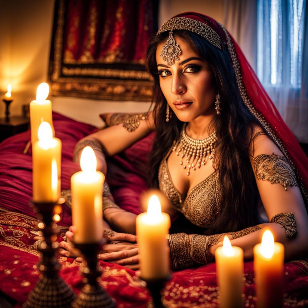 Pakistani Woman in Candlelit Bedroom: Hyperrealistic Image