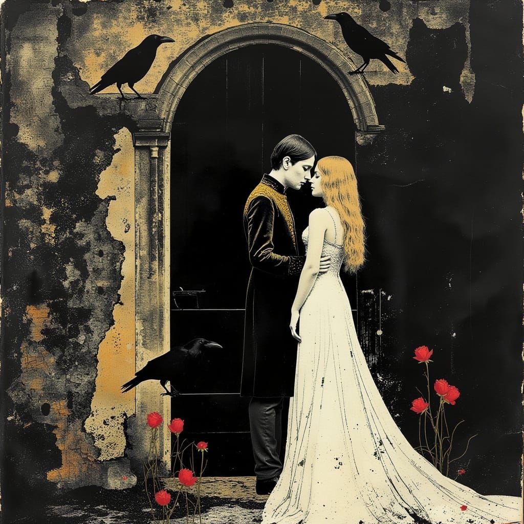 Ethereal Couple Amidst Ancient Ruins in Golden Light