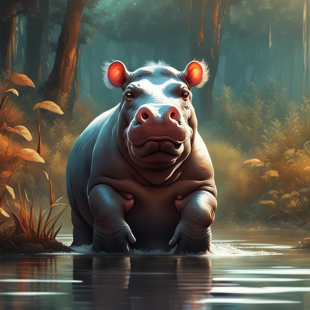 Opulent-Eyed Baby Hippo in Detailed Matte Painting Style