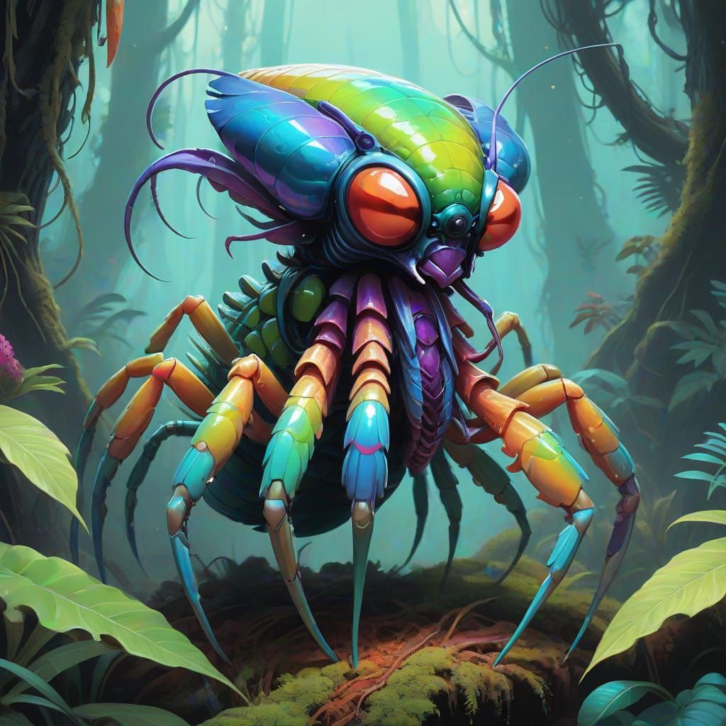 Exotic, Iridescent Alien Beings in a Lush, Ethereal Landscap...